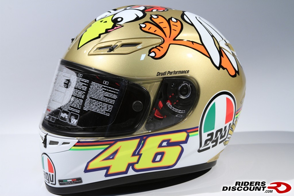 valentino rossi helmet stickers. Every helmet is labeled with a